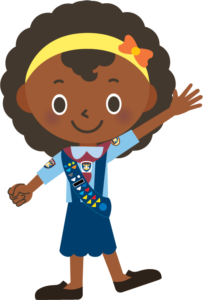 A cartoon girl in an adventurer uniform waving.