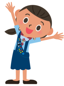 A cartoon girl in an adventurer uniform leaning and raising her hands.